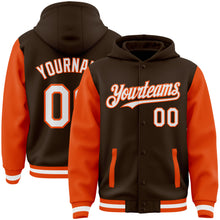 Load image into Gallery viewer, Custom Brown White-Orange Bomber Full-Snap Varsity Letterman Two Tone Hoodie Jacket