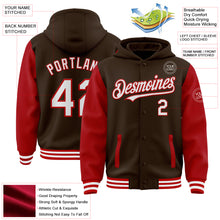Load image into Gallery viewer, Custom Brown White-Red Bomber Full-Snap Varsity Letterman Two Tone Hoodie Jacket