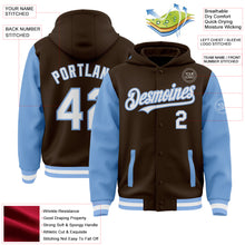 Load image into Gallery viewer, Custom Brown White-Light Blue Bomber Full-Snap Varsity Letterman Two Tone Hoodie Jacket