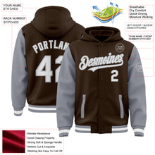 Load image into Gallery viewer, Custom Brown White-Gray Bomber Full-Snap Varsity Letterman Two Tone Hoodie Jacket