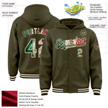 Load image into Gallery viewer, Custom Olive Vintage Mexican Flag Cream-Black Bomber Full-Snap Varsity Letterman Salute To Service Hoodie Jacket