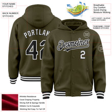 Load image into Gallery viewer, Custom Olive Black-White Bomber Full-Snap Varsity Letterman Salute To Service Hoodie Jacket