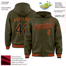 Load image into Gallery viewer, Custom Olive Black-Orange Bomber Full-Snap Varsity Letterman Salute To Service Hoodie Jacket