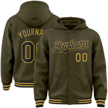 Load image into Gallery viewer, Custom Olive Black-Old Gold Bomber Full-Snap Varsity Letterman Salute To Service Hoodie Jacket
