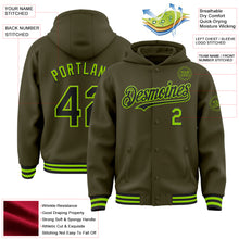 Load image into Gallery viewer, Custom Olive Black-Neon Green Bomber Full-Snap Varsity Letterman Salute To Service Hoodie Jacket