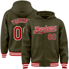 Load image into Gallery viewer, Custom Olive Red-White Bomber Full-Snap Varsity Letterman Salute To Service Hoodie Jacket