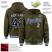Load image into Gallery viewer, Custom Olive Navy-White Bomber Full-Snap Varsity Letterman Salute To Service Hoodie Jacket
