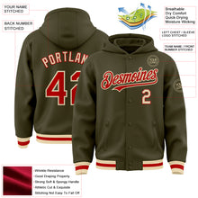 Load image into Gallery viewer, Custom Olive Red-Cream Bomber Full-Snap Varsity Letterman Salute To Service Hoodie Jacket