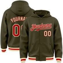 Load image into Gallery viewer, Custom Olive Red-Cream Bomber Full-Snap Varsity Letterman Salute To Service Hoodie Jacket