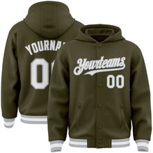 Load image into Gallery viewer, Custom Olive White-Gray Bomber Full-Snap Varsity Letterman Salute To Service Hoodie Jacket