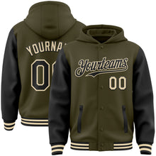 Load image into Gallery viewer, Custom Olive Black-Cream Bomber Full-Snap Varsity Letterman Two Tone Salute To Service Hoodie Jacket