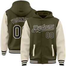 Load image into Gallery viewer, Custom Olive Black-Cream Bomber Full-Snap Varsity Letterman Two Tone Salute To Service Hoodie Jacket