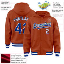 Load image into Gallery viewer, Custom Texas Orange Royal-White Bomber Full-Snap Varsity Letterman Hoodie Jacket