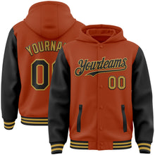 Load image into Gallery viewer, Custom Texas Orange Black-Old Gold Bomber Full-Snap Varsity Letterman Two Tone Hoodie Jacket