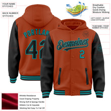 Load image into Gallery viewer, Custom Texas Orange Black-Teal Bomber Full-Snap Varsity Letterman Two Tone Hoodie Jacket
