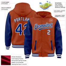 Load image into Gallery viewer, Custom Texas Orange Royal-White Bomber Full-Snap Varsity Letterman Two Tone Hoodie Jacket