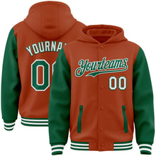 Load image into Gallery viewer, Custom Texas Orange Kelly Green-White Bomber Full-Snap Varsity Letterman Two Tone Hoodie Jacket