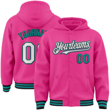 Load image into Gallery viewer, Custom Pink Black-Teal Bomber Full-Snap Varsity Letterman Hoodie Jacket