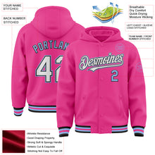 Load image into Gallery viewer, Custom Pink Black-Light Blue Bomber Full-Snap Varsity Letterman Hoodie Jacket