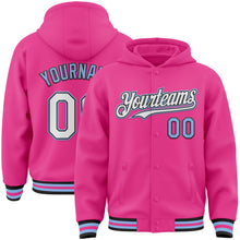 Load image into Gallery viewer, Custom Pink Black-Light Blue Bomber Full-Snap Varsity Letterman Hoodie Jacket