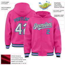 Load image into Gallery viewer, Custom Pink Black-Sky Blue Bomber Full-Snap Varsity Letterman Hoodie Jacket