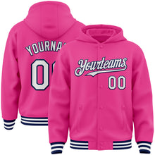 Load image into Gallery viewer, Custom Pink White-Navy Bomber Full-Snap Varsity Letterman Hoodie Jacket
