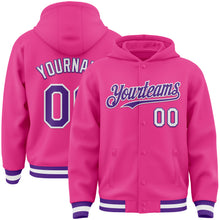 Load image into Gallery viewer, Custom Pink Purple-White Bomber Full-Snap Varsity Letterman Hoodie Jacket