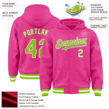 Load image into Gallery viewer, Custom Pink Neon Green-White Bomber Full-Snap Varsity Letterman Hoodie Jacket