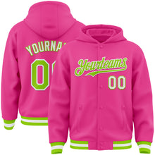 Load image into Gallery viewer, Custom Pink Neon Green-White Bomber Full-Snap Varsity Letterman Hoodie Jacket