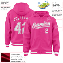 Load image into Gallery viewer, Custom Pink White Bomber Full-Snap Varsity Letterman Hoodie Jacket