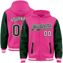 Load image into Gallery viewer, Custom Pink Green-White Bomber Full-Snap Varsity Letterman Two Tone Hoodie Jacket
