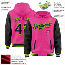 Load image into Gallery viewer, Custom Pink Black-Neon Green Bomber Full-Snap Varsity Letterman Two Tone Hoodie Jacket