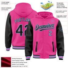 Load image into Gallery viewer, Custom Pink Black-Light Blue Bomber Full-Snap Varsity Letterman Two Tone Hoodie Jacket