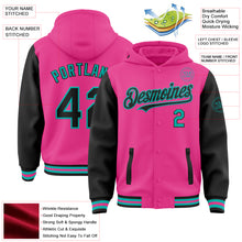 Load image into Gallery viewer, Custom Pink Black-Aqua Bomber Full-Snap Varsity Letterman Two Tone Hoodie Jacket