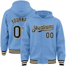 Load image into Gallery viewer, Custom Light Blue Black-Cream Bomber Full-Snap Varsity Letterman Hoodie Jacket