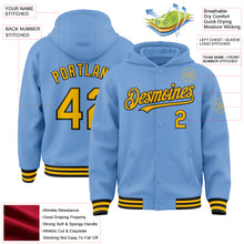 Load image into Gallery viewer, Custom Light Blue Gold-Black Bomber Full-Snap Varsity Letterman Hoodie Jacket