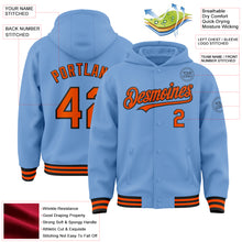 Load image into Gallery viewer, Custom Light Blue Orange-Black Bomber Full-Snap Varsity Letterman Hoodie Jacket
