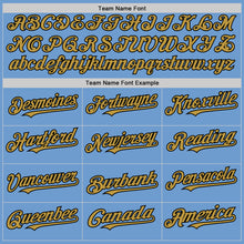 Load image into Gallery viewer, Custom Light Blue Old Gold-Black Bomber Full-Snap Varsity Letterman Hoodie Jacket