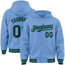 Load image into Gallery viewer, Custom Light Blue Black-Teal Bomber Full-Snap Varsity Letterman Hoodie Jacket