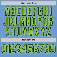 Load image into Gallery viewer, Custom Light Blue Neon Green-Black Bomber Full-Snap Varsity Letterman Hoodie Jacket