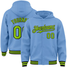 Load image into Gallery viewer, Custom Light Blue Neon Green-Black Bomber Full-Snap Varsity Letterman Hoodie Jacket