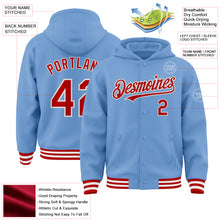 Load image into Gallery viewer, Custom Light Blue Red-White Bomber Full-Snap Varsity Letterman Hoodie Jacket