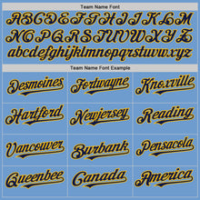 Load image into Gallery viewer, Custom Light Blue Navy-Gold Bomber Full-Snap Varsity Letterman Hoodie Jacket