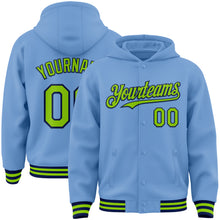 Load image into Gallery viewer, Custom Light Blue Neon Green-Navy Bomber Full-Snap Varsity Letterman Hoodie Jacket