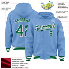 Load image into Gallery viewer, Custom Light Blue Kelly Green-White Bomber Full-Snap Varsity Letterman Hoodie Jacket