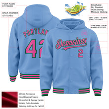 Load image into Gallery viewer, Custom Light Blue Pink-Kelly Green Bomber Full-Snap Varsity Letterman Hoodie Jacket