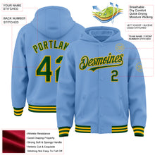 Load image into Gallery viewer, Custom Light Blue Green-Gold Bomber Full-Snap Varsity Letterman Hoodie Jacket