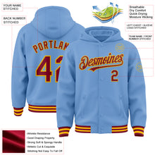 Load image into Gallery viewer, Custom Light Blue Crimson-Gold Bomber Full-Snap Varsity Letterman Hoodie Jacket