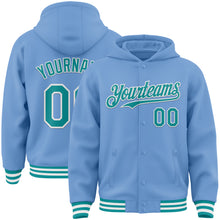 Load image into Gallery viewer, Custom Light Blue Teal-White Bomber Full-Snap Varsity Letterman Hoodie Jacket