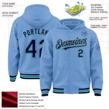 Load image into Gallery viewer, Custom Light Blue Navy Gray-Teal Bomber Full-Snap Varsity Letterman Hoodie Jacket